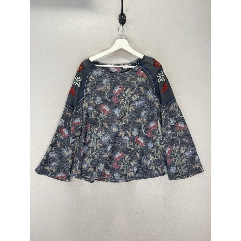New Direction Women's Sz M Floral Prints w/Embroidered Sheer Shoulder Blouse Top